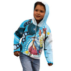 Australia Azure Kingfisher Kid Hoodie Australian Native Flowers Indigenous Art - Aussie Hoodie