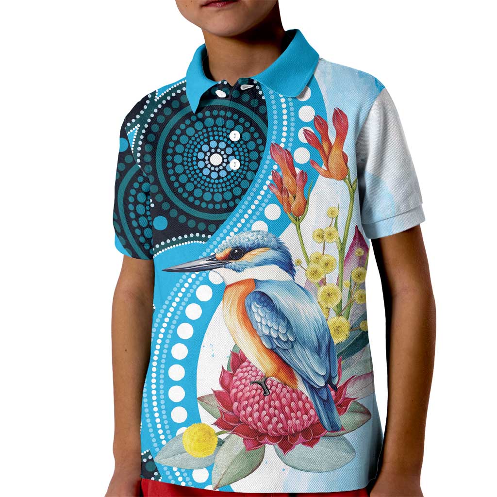 Australia Azure Kingfisher Kid Polo Shirt Australian Native Flowers Indigenous Art - Aussie Hoodie
