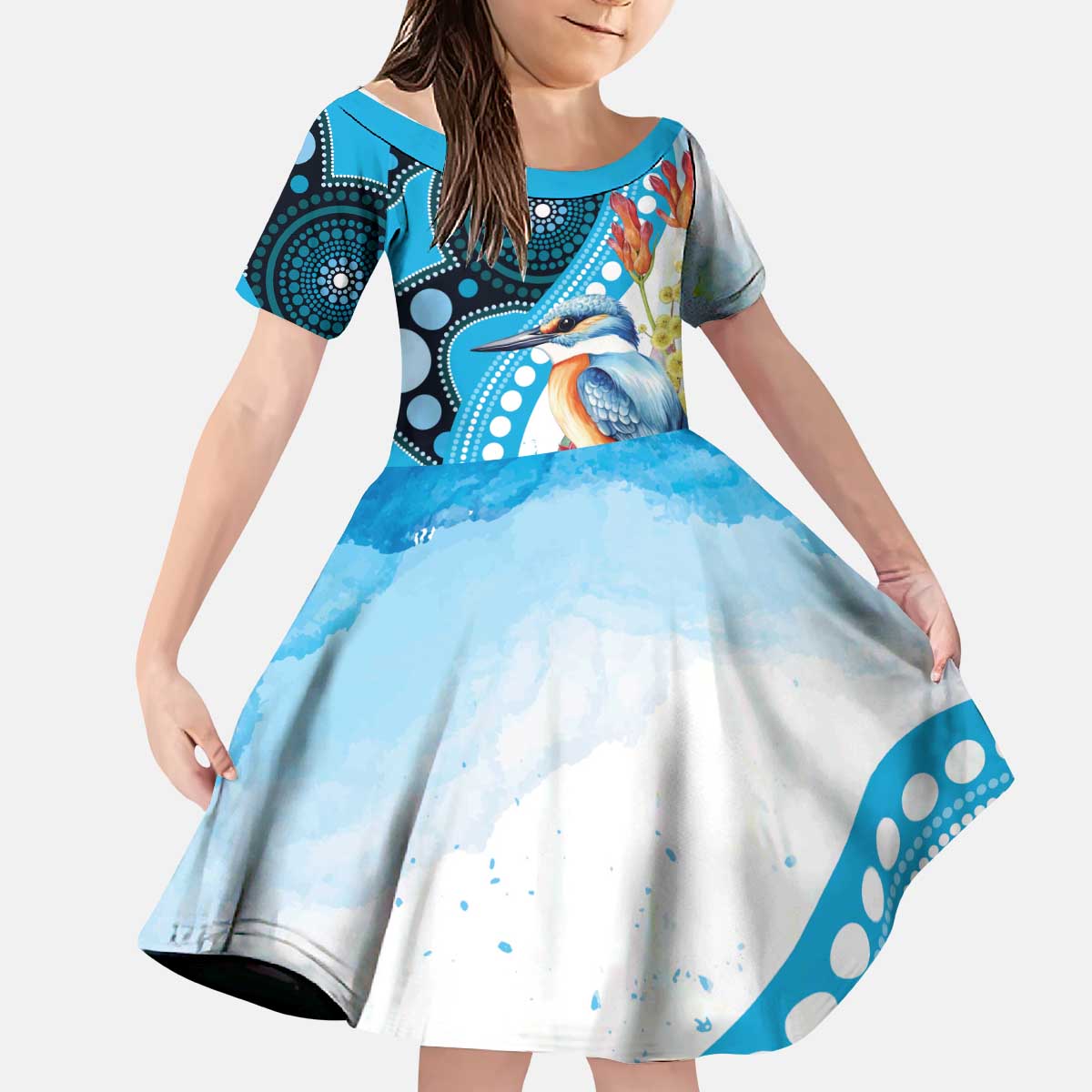 Australia Azure Kingfisher Kid Short Sleeve Dress Australian Native Flowers Indigenous Art - Aussie Hoodie