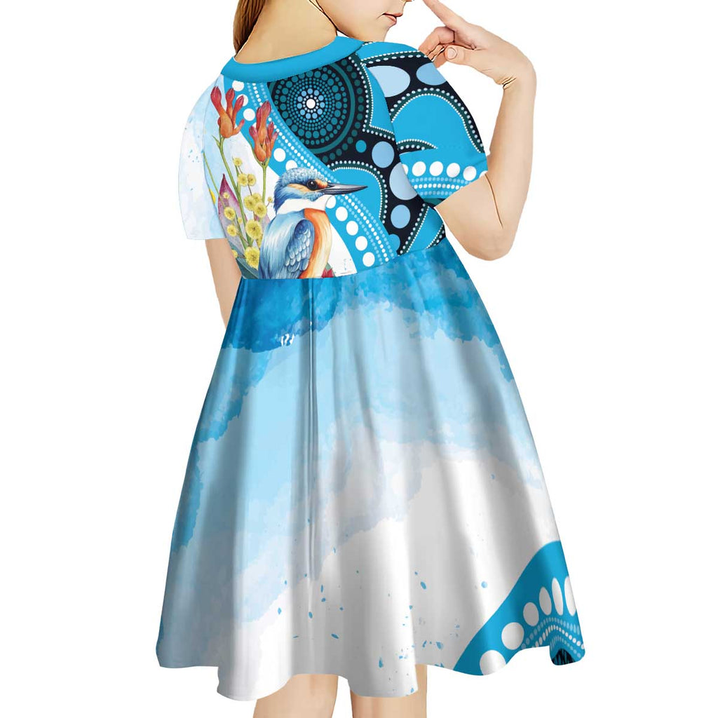Australia Azure Kingfisher Kid Short Sleeve Dress Australian Native Flowers Indigenous Art - Aussie Hoodie
