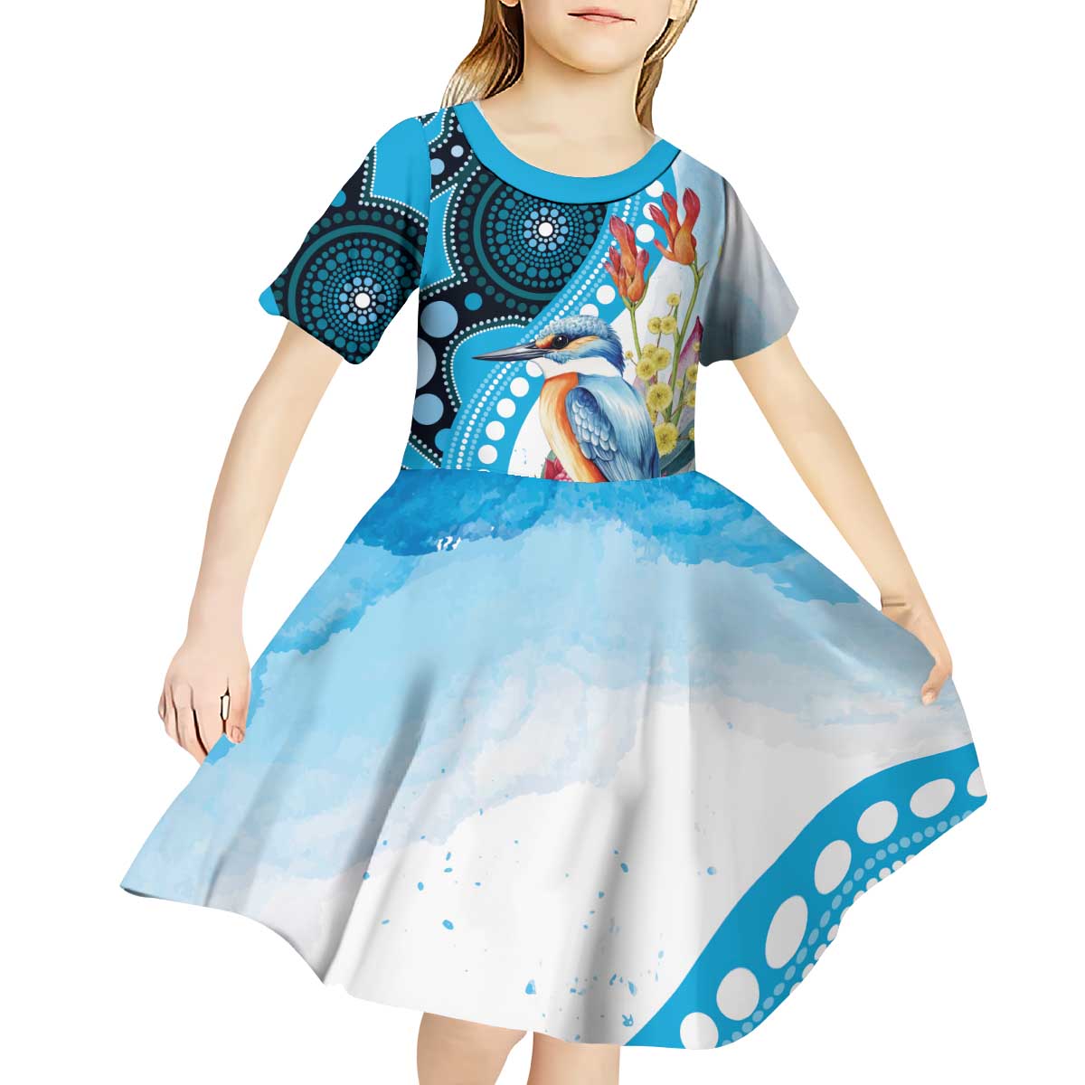 Australia Azure Kingfisher Kid Short Sleeve Dress Australian Native Flowers Indigenous Art - Aussie Hoodie