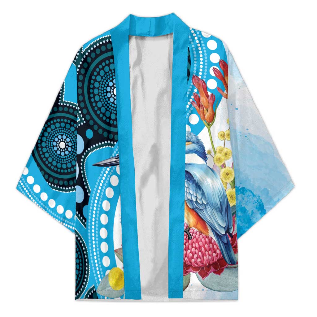 Australia Azure Kingfisher Kimono Australian Native Flowers Indigenous Art - Aussie Hoodie