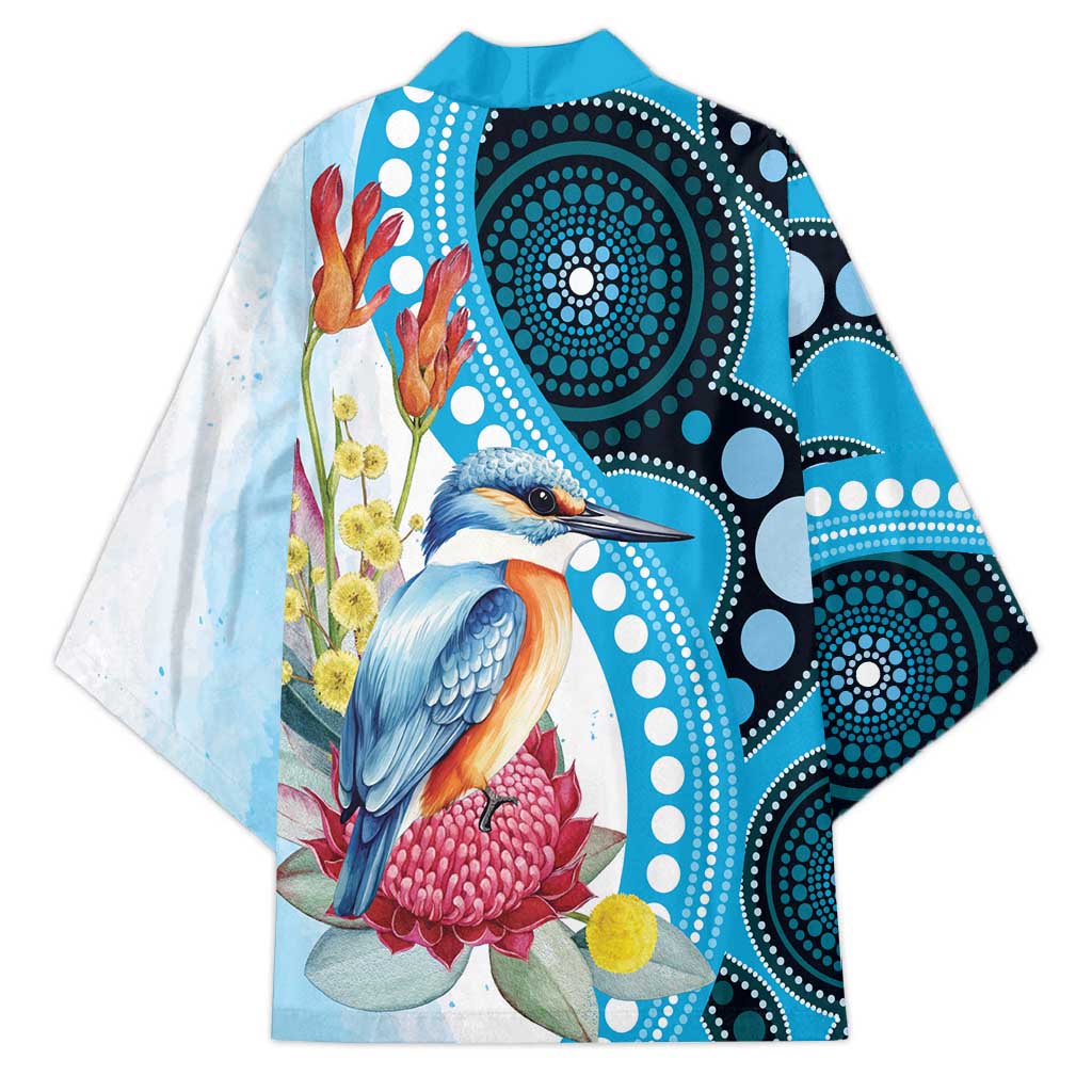 Australia Azure Kingfisher Kimono Australian Native Flowers Indigenous Art - Aussie Hoodie
