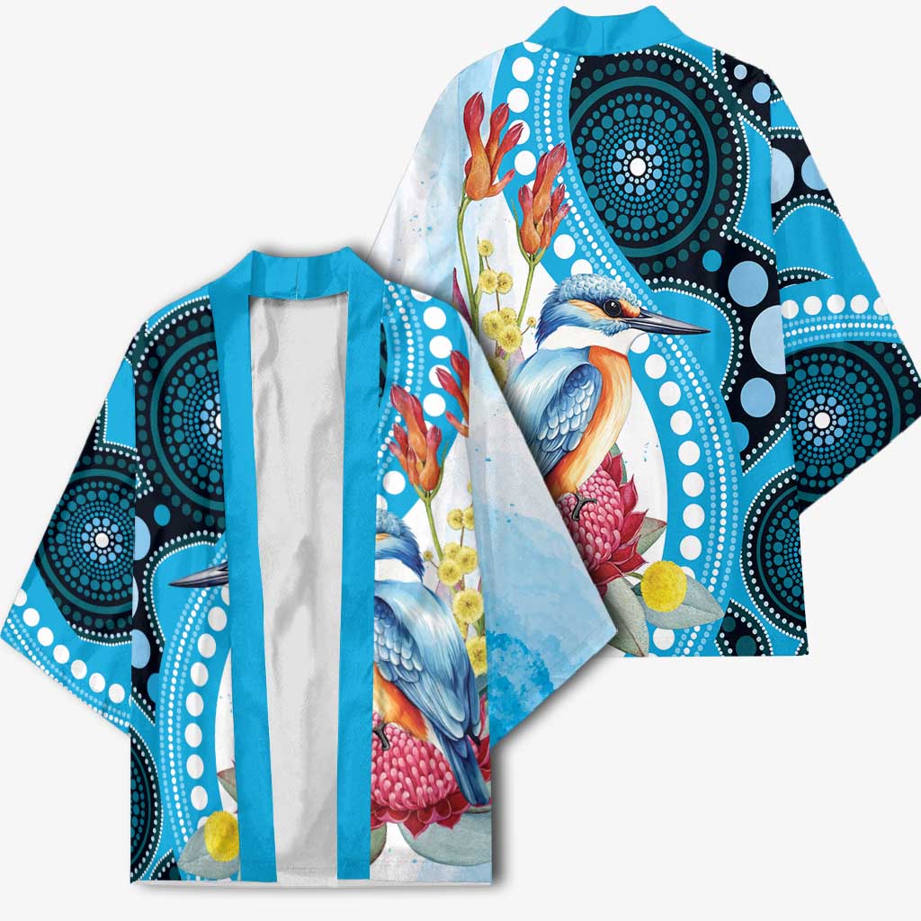 Australia Azure Kingfisher Kimono Australian Native Flowers Indigenous Art - Aussie Hoodie
