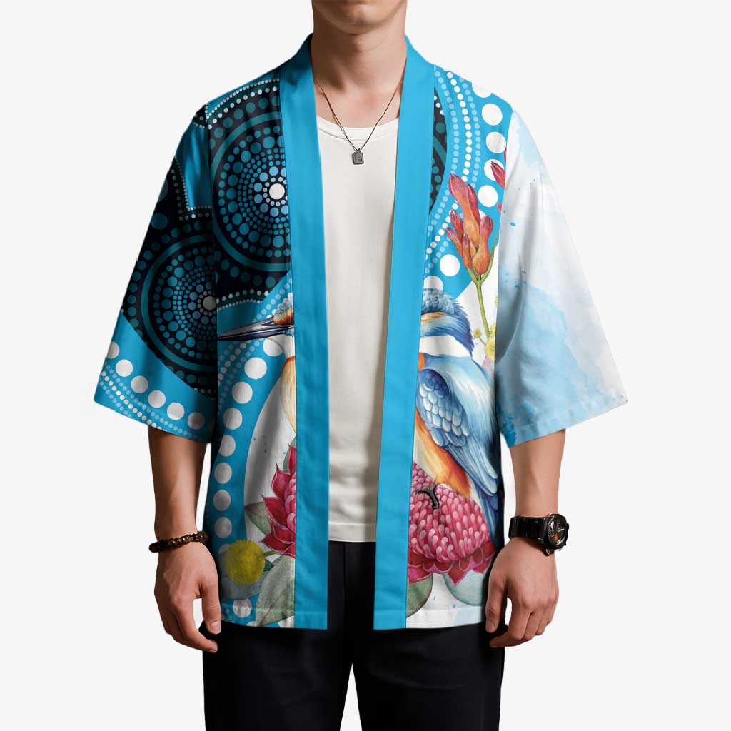 Australia Azure Kingfisher Kimono Australian Native Flowers Indigenous Art - Aussie Hoodie