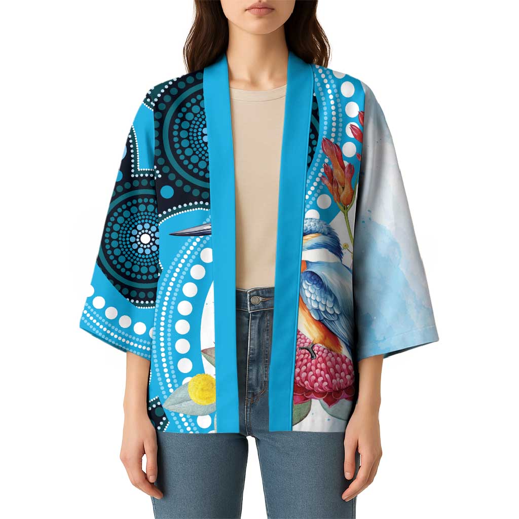 Australia Azure Kingfisher Kimono Australian Native Flowers Indigenous Art - Aussie Hoodie