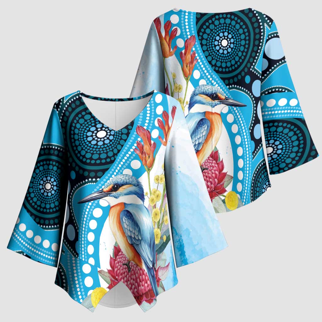 Australia Azure Kingfisher Kimono Sleeve Blouse Australian Native Flowers Indigenous Art - Aussie Hoodie