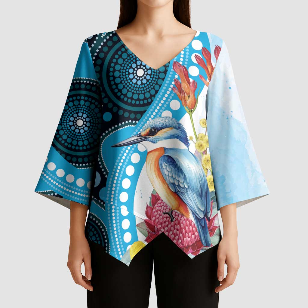 Australia Azure Kingfisher Kimono Sleeve Blouse Australian Native Flowers Indigenous Art - Aussie Hoodie