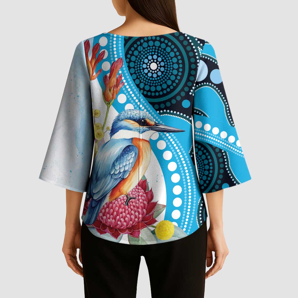 Australia Azure Kingfisher Kimono Sleeve Blouse Australian Native Flowers Indigenous Art - Aussie Hoodie