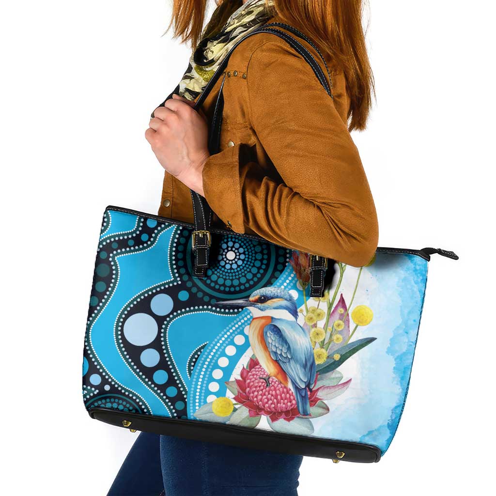Australia Azure Kingfisher Leather Tote Bag Australian Native Flowers Indigenous Art - Aussie Hoodie