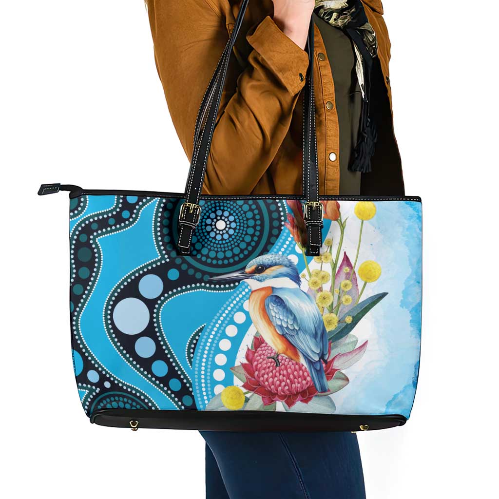 Australia Azure Kingfisher Leather Tote Bag Australian Native Flowers Indigenous Art - Aussie Hoodie