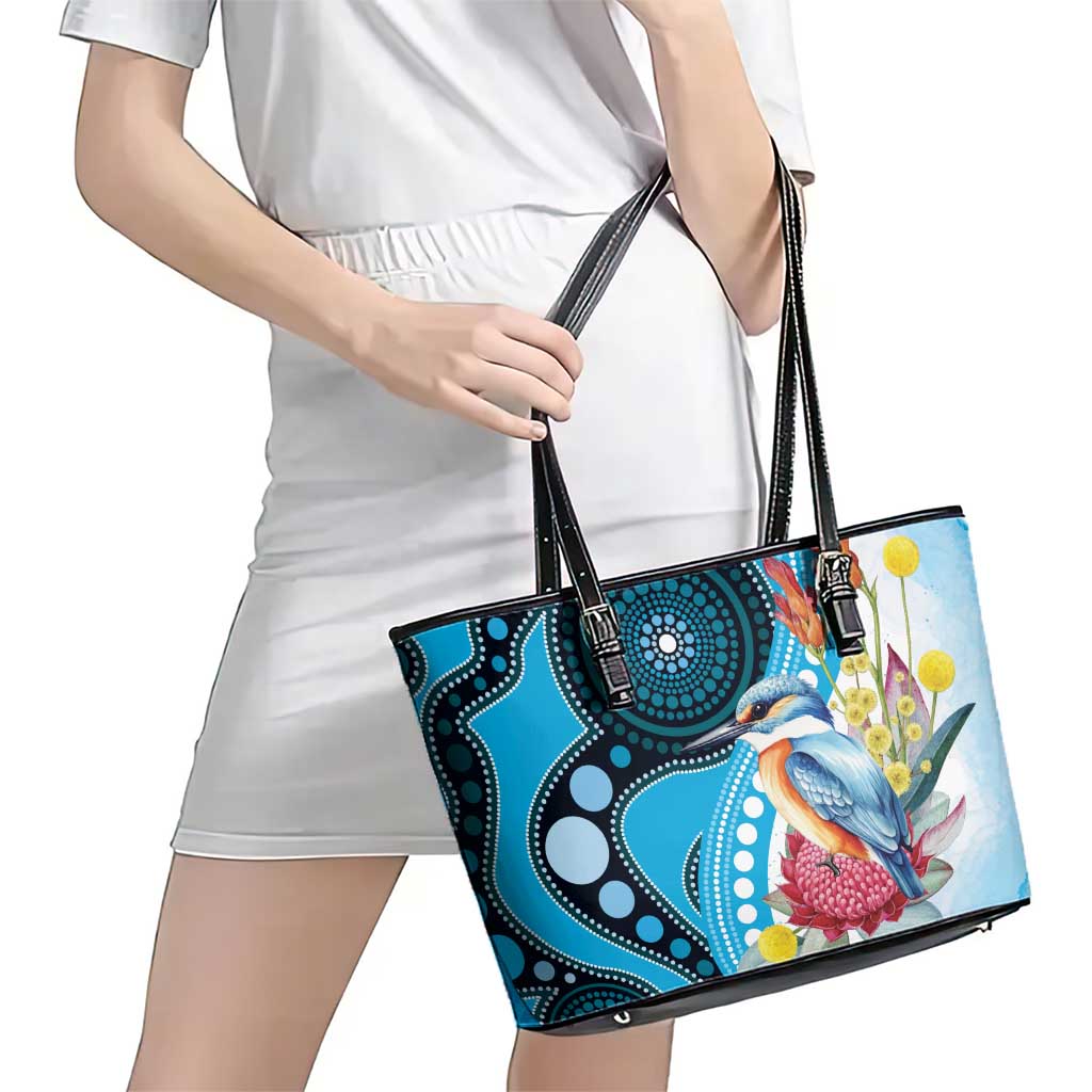 Australia Azure Kingfisher Leather Tote Bag Australian Native Flowers Indigenous Art - Aussie Hoodie