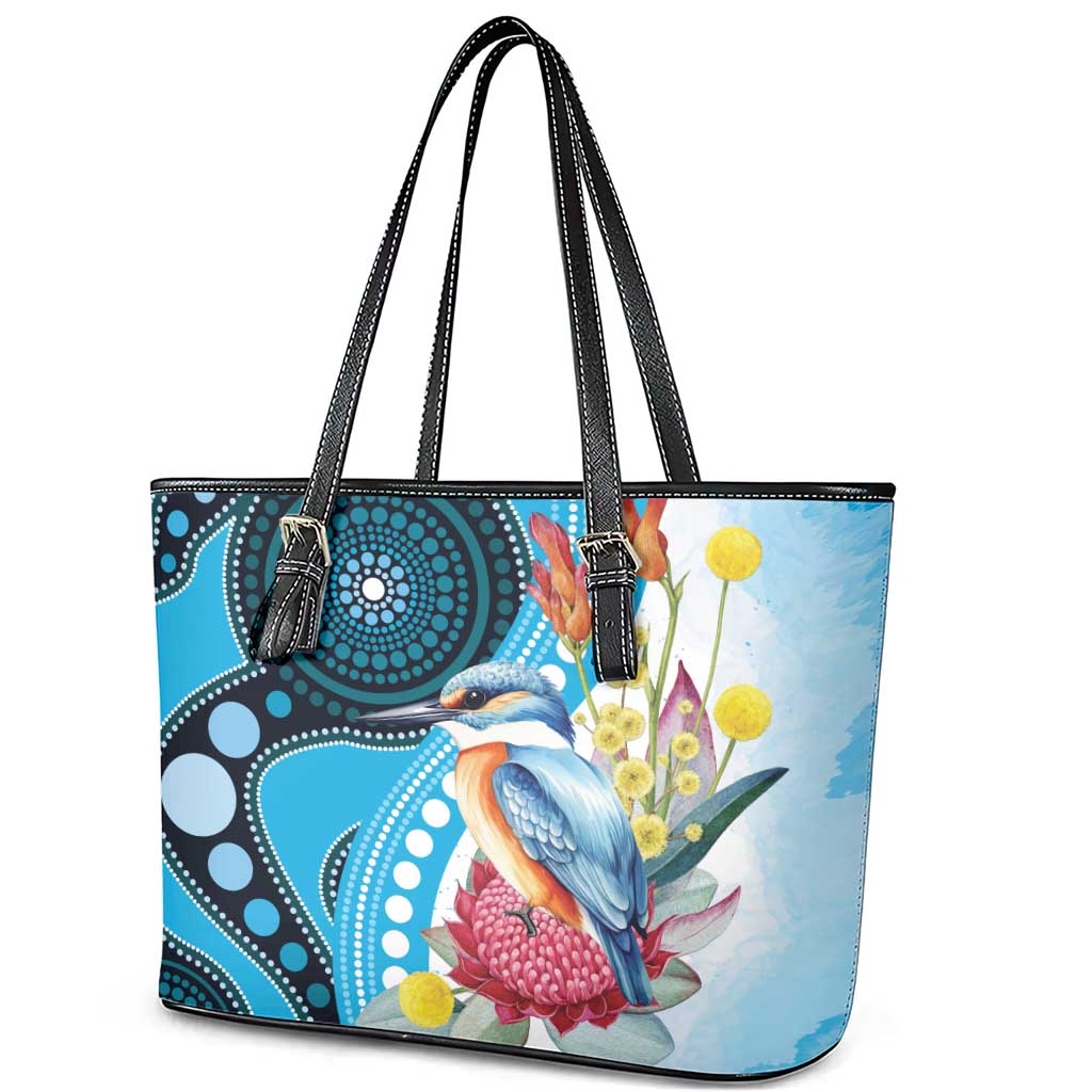 Australia Azure Kingfisher Leather Tote Bag Australian Native Flowers Indigenous Art - Aussie Hoodie