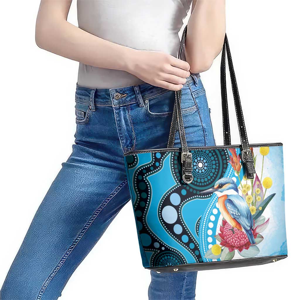 Australia Azure Kingfisher Leather Tote Bag Australian Native Flowers Indigenous Art - Aussie Hoodie