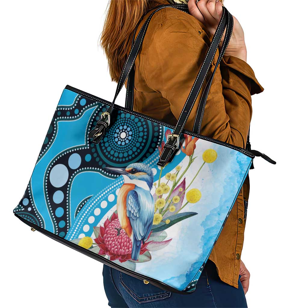 Australia Azure Kingfisher Leather Tote Bag Australian Native Flowers Indigenous Art - Aussie Hoodie