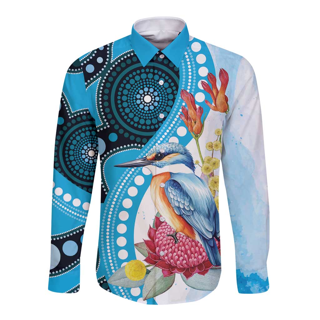 Australia Azure Kingfisher Long Sleeve Button Shirt Australian Native Flowers Indigenous Art - Aussie Hoodie
