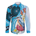 Australia Azure Kingfisher Long Sleeve Button Shirt Australian Native Flowers Indigenous Art - Aussie Hoodie