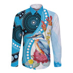 Australia Azure Kingfisher Long Sleeve Button Shirt Australian Native Flowers Indigenous Art - Aussie Hoodie