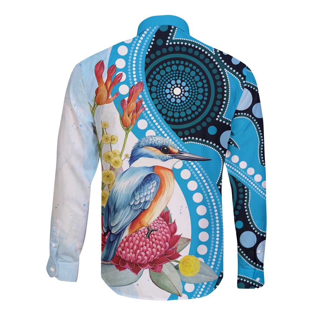 Australia Azure Kingfisher Long Sleeve Button Shirt Australian Native Flowers Indigenous Art - Aussie Hoodie