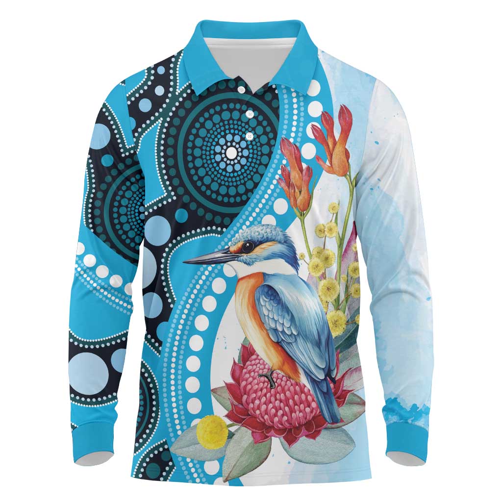 Australia Azure Kingfisher Long Sleeve Polo Shirt Australian Native Flowers Indigenous Art - Aussie Hoodie