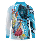 Australia Azure Kingfisher Long Sleeve Polo Shirt Australian Native Flowers Indigenous Art - Aussie Hoodie