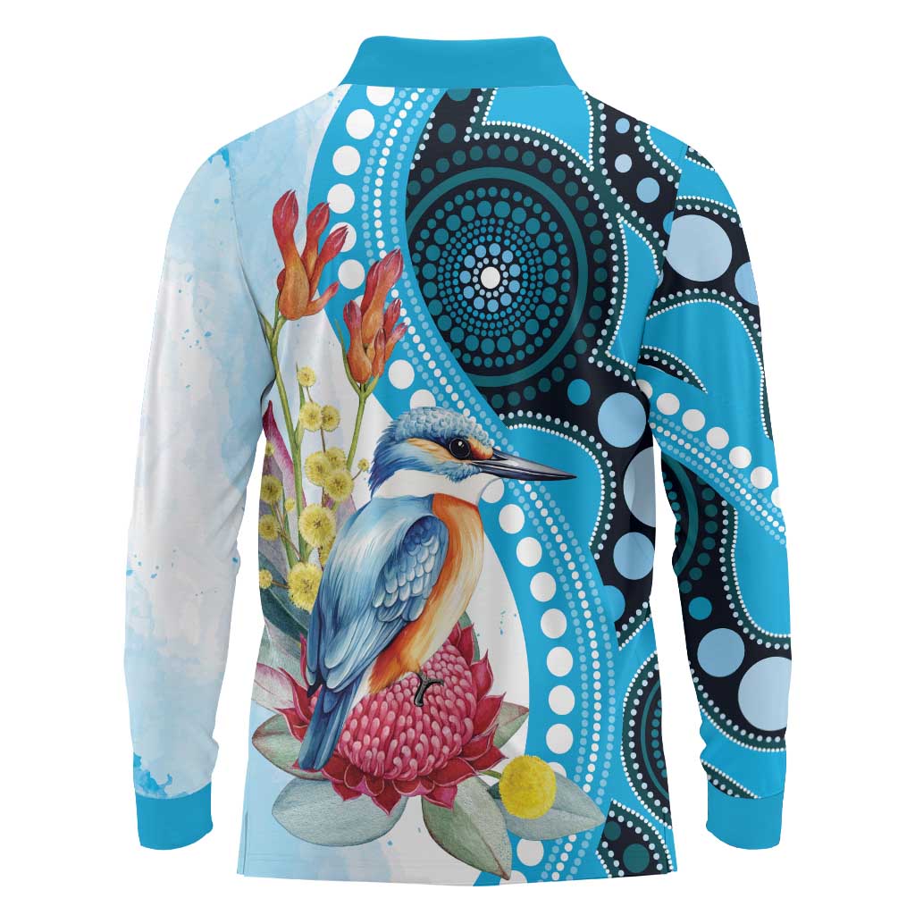 Australia Azure Kingfisher Long Sleeve Polo Shirt Australian Native Flowers Indigenous Art - Aussie Hoodie