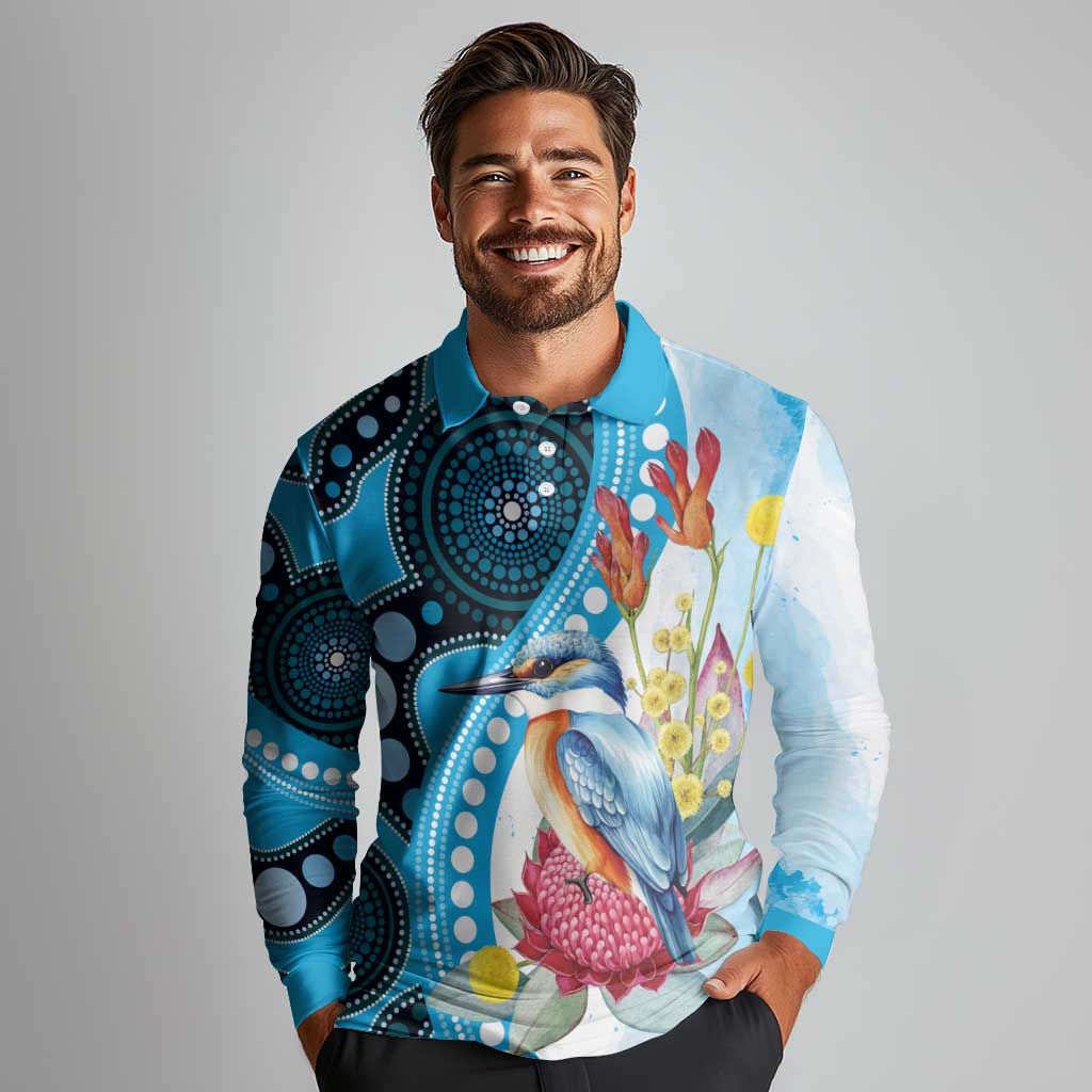 Australia Azure Kingfisher Long Sleeve Polo Shirt Australian Native Flowers Indigenous Art - Aussie Hoodie