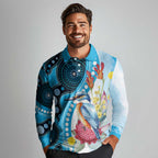 Australia Azure Kingfisher Long Sleeve Polo Shirt Australian Native Flowers Indigenous Art - Aussie Hoodie