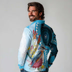 Australia Azure Kingfisher Long Sleeve Polo Shirt Australian Native Flowers Indigenous Art - Aussie Hoodie