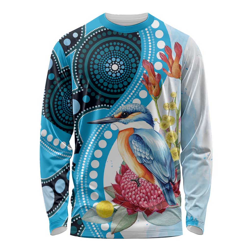 Australia Azure Kingfisher Long Sleeve Shirt Australian Native Flowers Indigenous Art - Aussie Hoodie