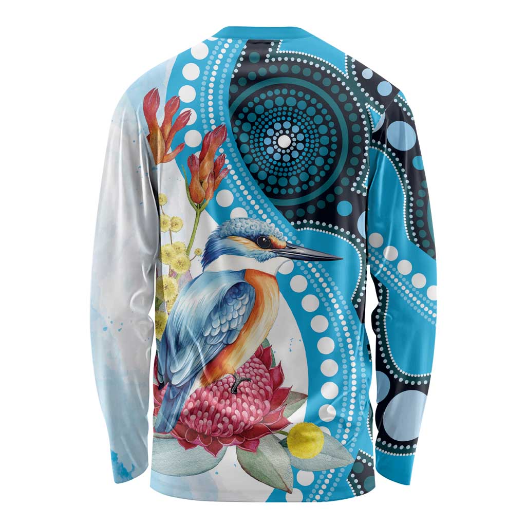 Australia Azure Kingfisher Long Sleeve Shirt Australian Native Flowers Indigenous Art - Aussie Hoodie