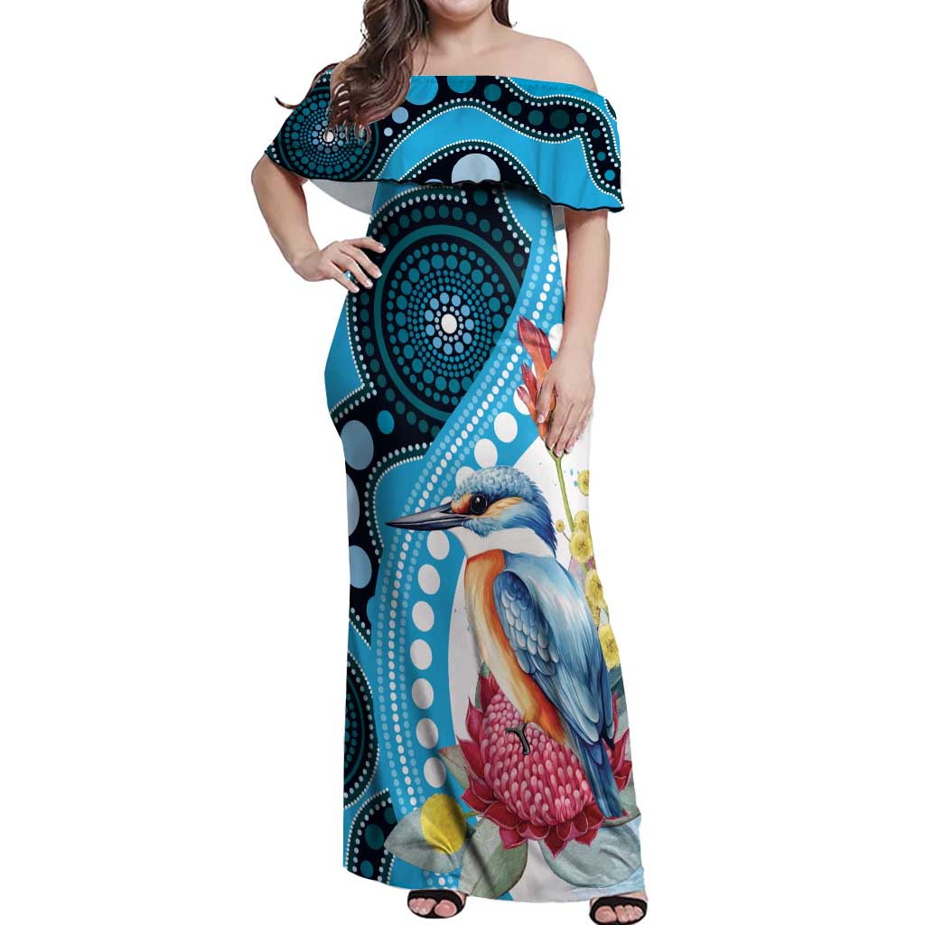 Australia Azure Kingfisher Off Shoulder Maxi Dress Australian Native Flowers Indigenous Art - Aussie Hoodie