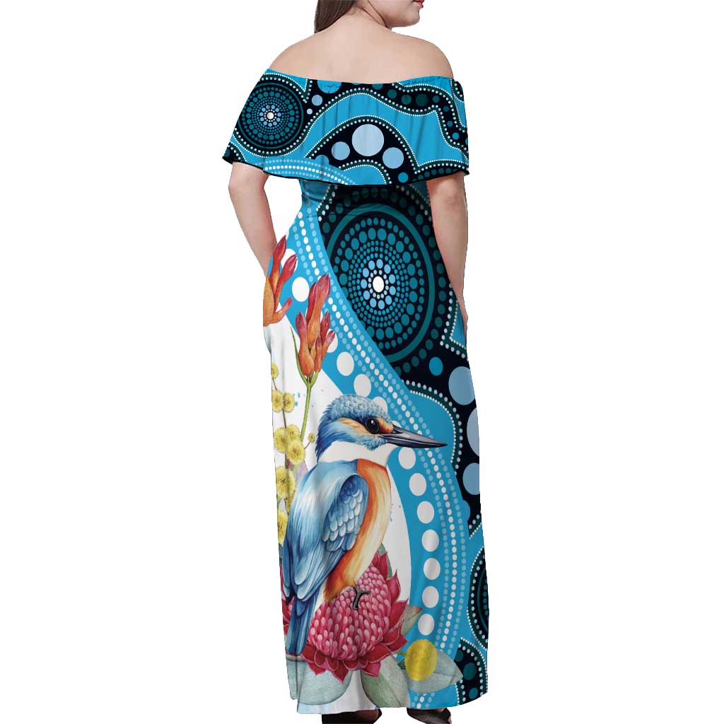 Australia Azure Kingfisher Off Shoulder Maxi Dress Australian Native Flowers Indigenous Art - Aussie Hoodie