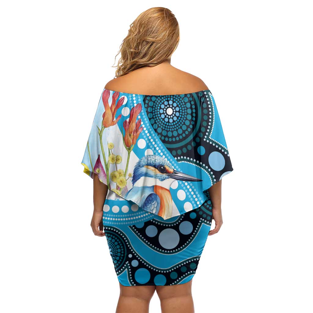 Australia Azure Kingfisher Off Shoulder Short Dress Australian Native Flowers Indigenous Art - Aussie Hoodie