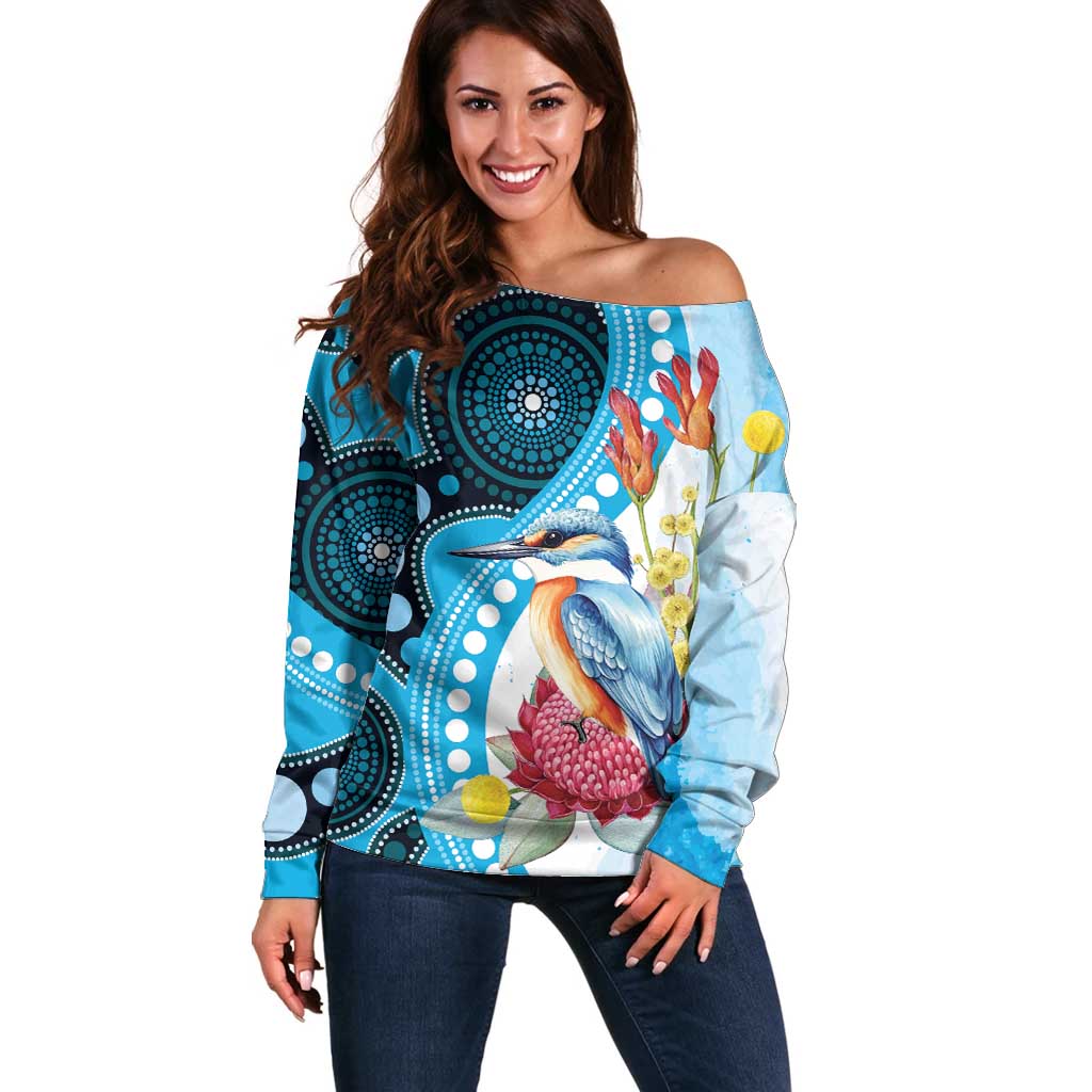 Australia Azure Kingfisher Off Shoulder Sweater Australian Native Flowers Indigenous Art - Aussie Hoodie