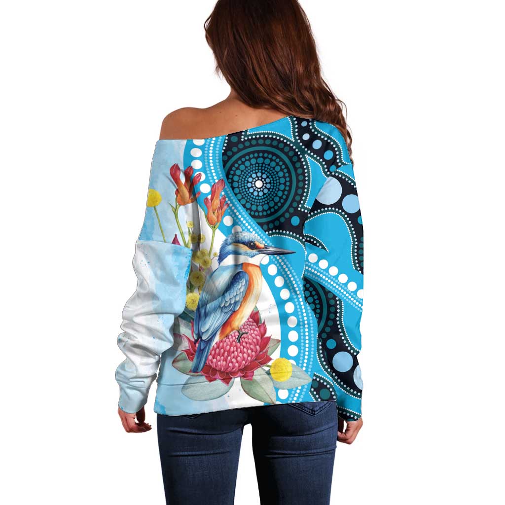 Australia Azure Kingfisher Off Shoulder Sweater Australian Native Flowers Indigenous Art - Aussie Hoodie