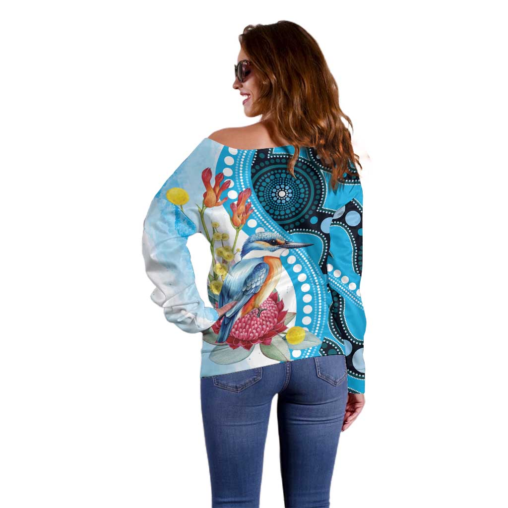Australia Azure Kingfisher Off Shoulder Sweater Australian Native Flowers Indigenous Art - Aussie Hoodie