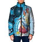 Australia Azure Kingfisher Padded Jacket Australian Native Flowers Indigenous Art - Aussie Hoodie