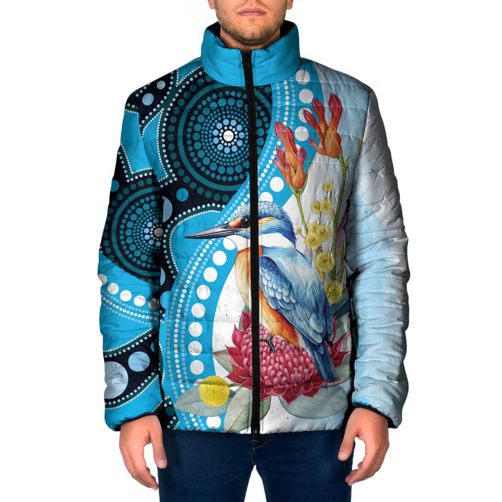 Australia Azure Kingfisher Padded Jacket Australian Native Flowers Indigenous Art - Aussie Hoodie