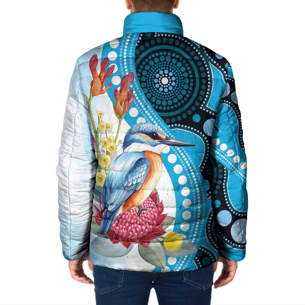 Australia Azure Kingfisher Padded Jacket Australian Native Flowers Indigenous Art - Aussie Hoodie