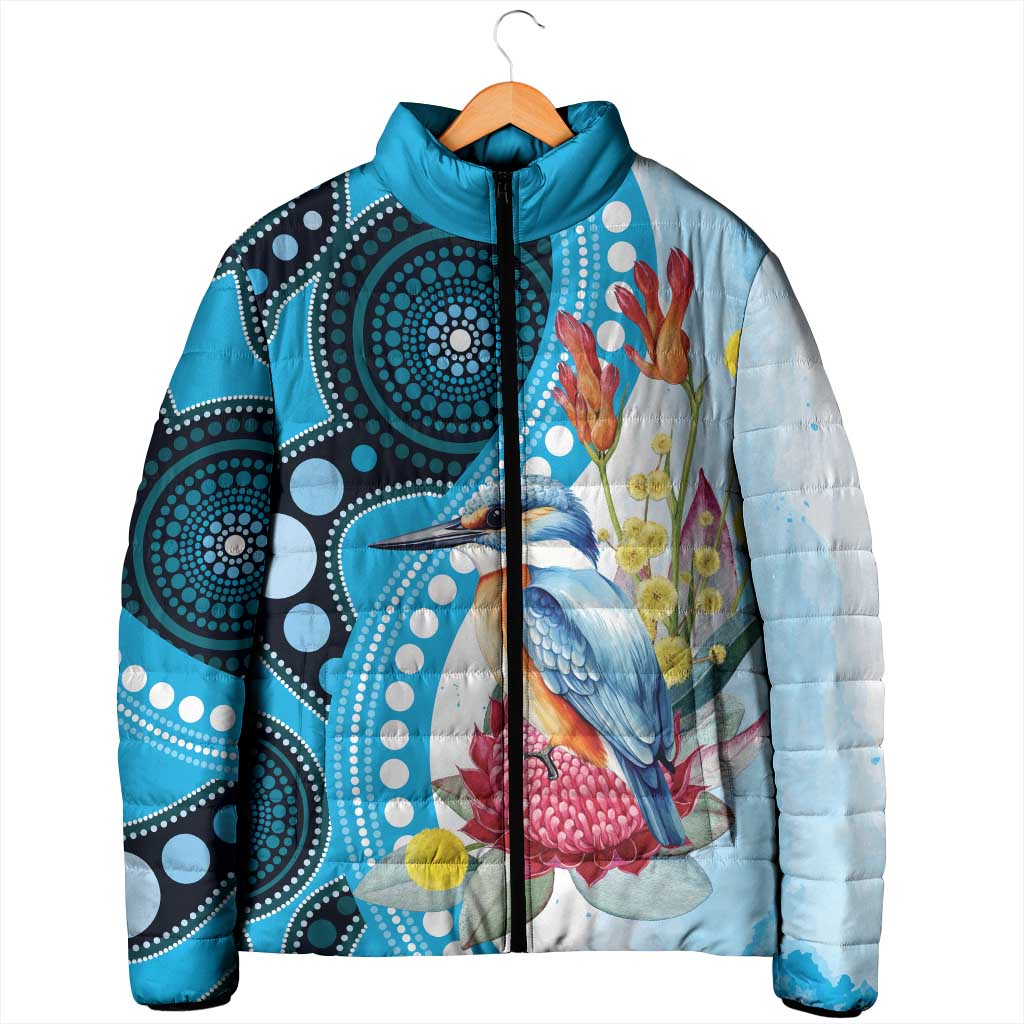 Australia Azure Kingfisher Padded Jacket Australian Native Flowers Indigenous Art - Aussie Hoodie