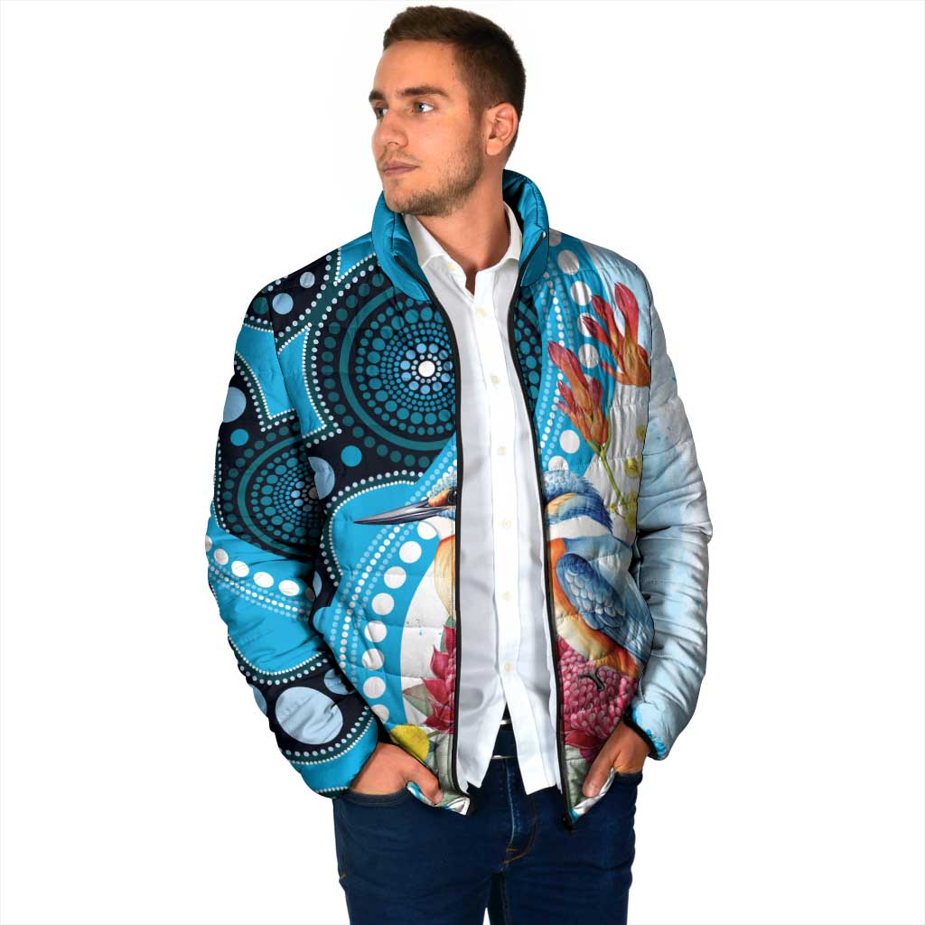 Australia Azure Kingfisher Padded Jacket Australian Native Flowers Indigenous Art - Aussie Hoodie