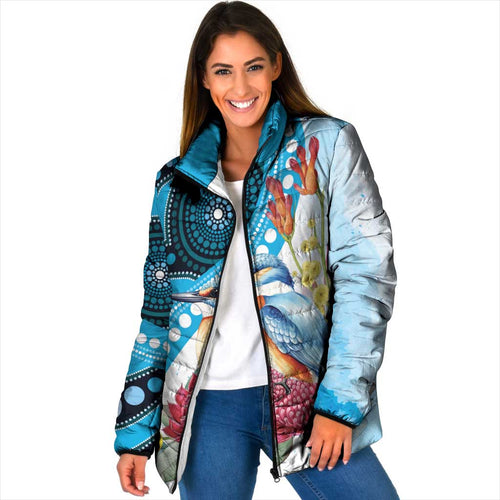 Australia Azure Kingfisher Padded Jacket Australian Native Flowers Indigenous Art - Aussie Hoodie