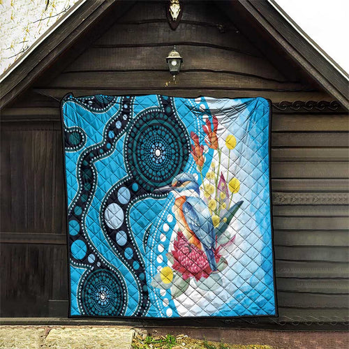 Australia Azure Kingfisher Quilt Australian Native Flowers Indigenous Art - Aussie Hoodie