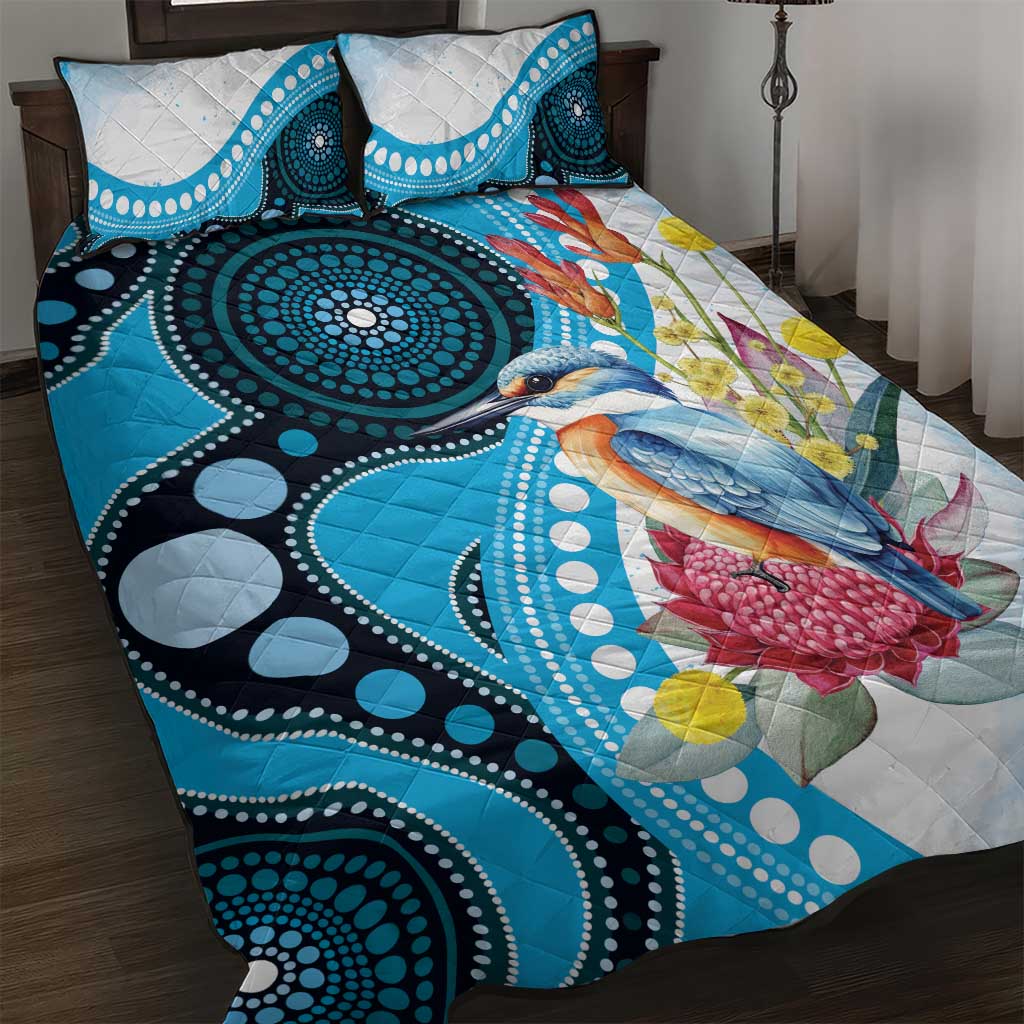 Australia Azure Kingfisher Quilt Bed Set Australian Native Flowers Indigenous Art - Aussie Hoodie