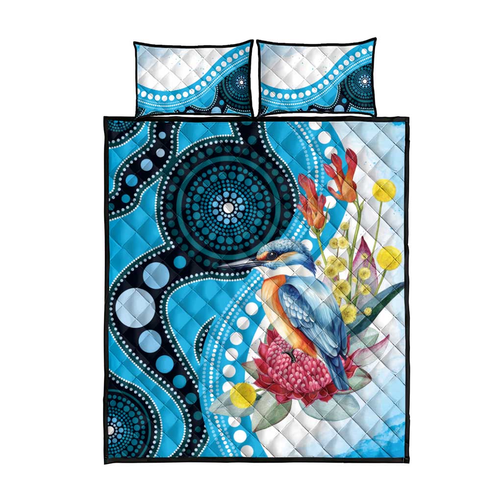 Australia Azure Kingfisher Quilt Bed Set Australian Native Flowers Indigenous Art - Aussie Hoodie