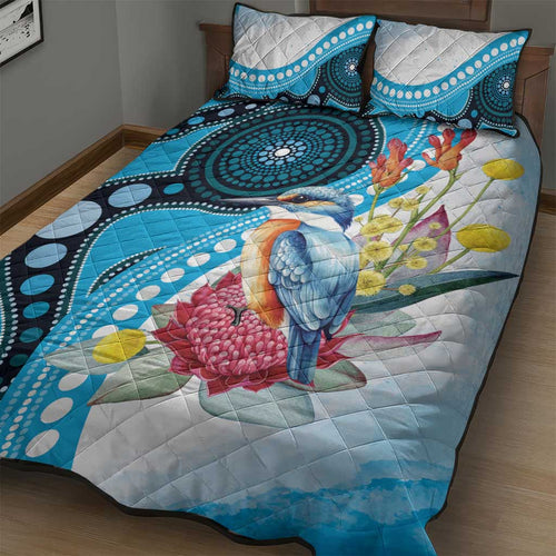 Australia Azure Kingfisher Quilt Bed Set Australian Native Flowers Indigenous Art - Aussie Hoodie