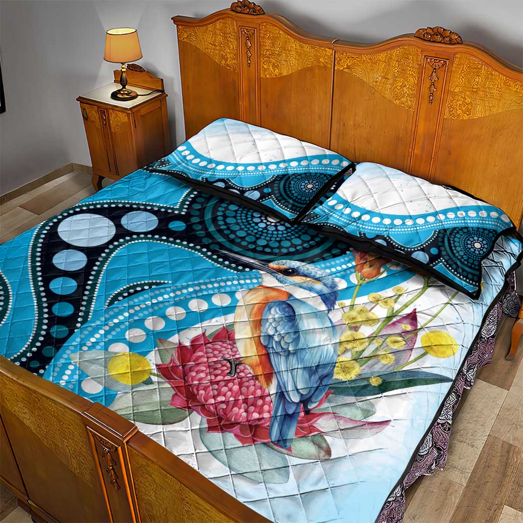 Australia Azure Kingfisher Quilt Bed Set Australian Native Flowers Indigenous Art - Aussie Hoodie