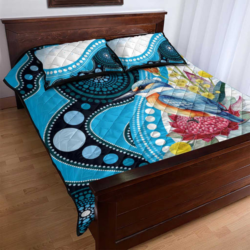 Australia Azure Kingfisher Quilt Bed Set Australian Native Flowers Indigenous Art - Aussie Hoodie