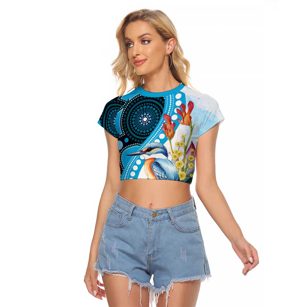 Australia Azure Kingfisher Raglan Cropped T Shirt Australian Native Flowers Indigenous Art - Aussie Hoodie